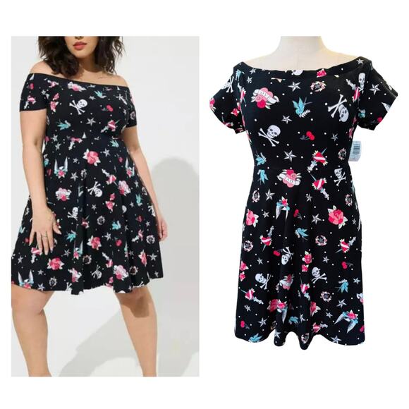 Torrid 2 (2X 18/20) Betsey Johnson Skater Mini Off Shoulder Tattoo Skull Dress - Picture 1 of 3